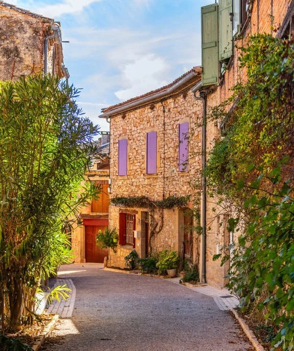 A sunny stone street in Puycelsi with lavender shutters and climbing plants