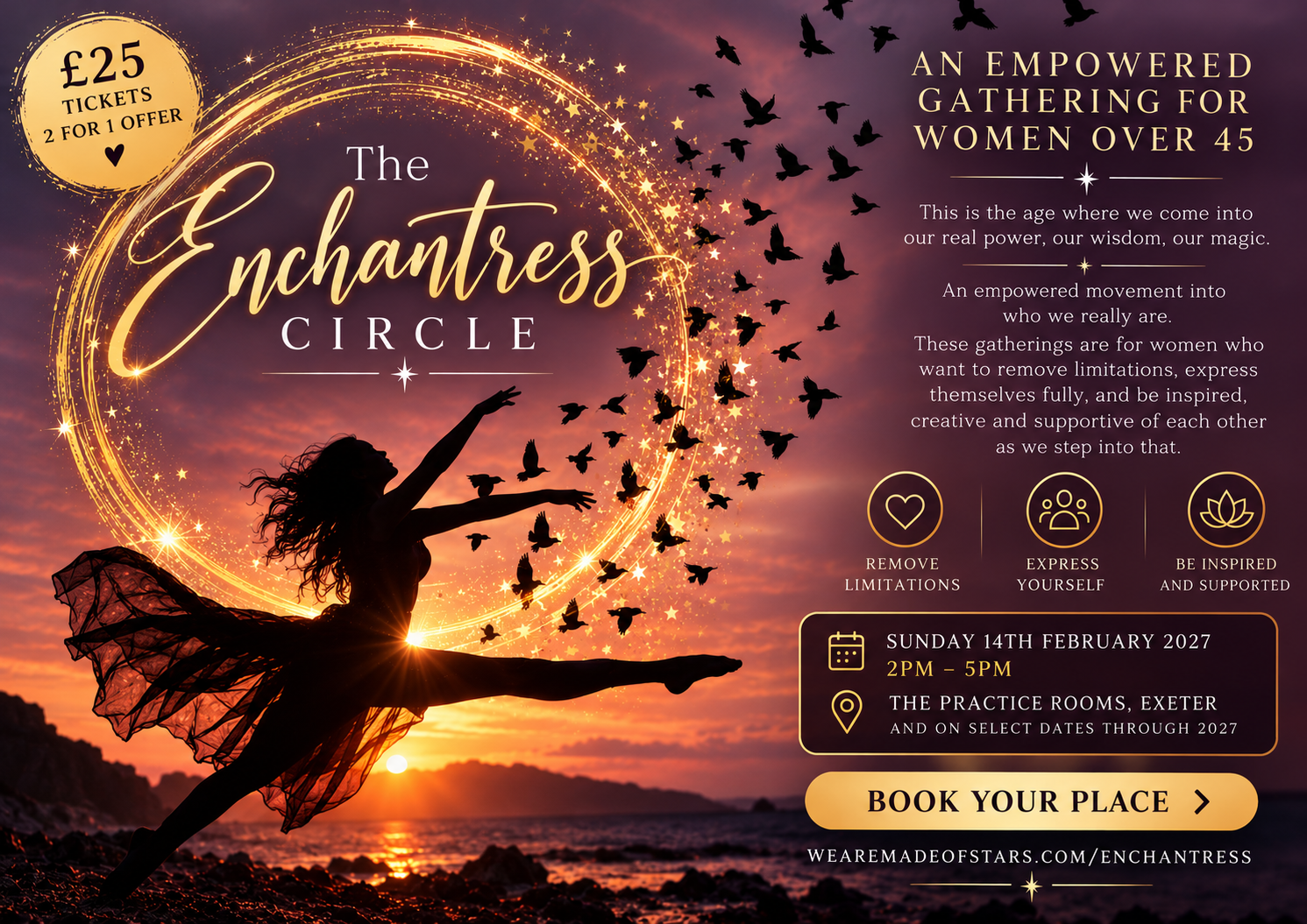 The Enchantress Circle flyer: a woman dancing in silhouette at sunset inside a ring of golden stardust, with birds taking flight
