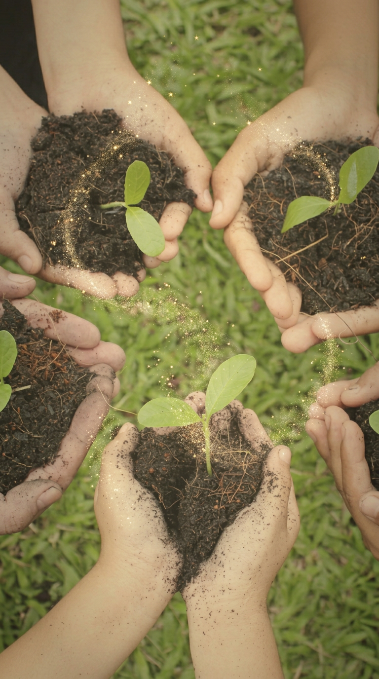 Cupped hands holding soil and young seedlings with golden stardust rising